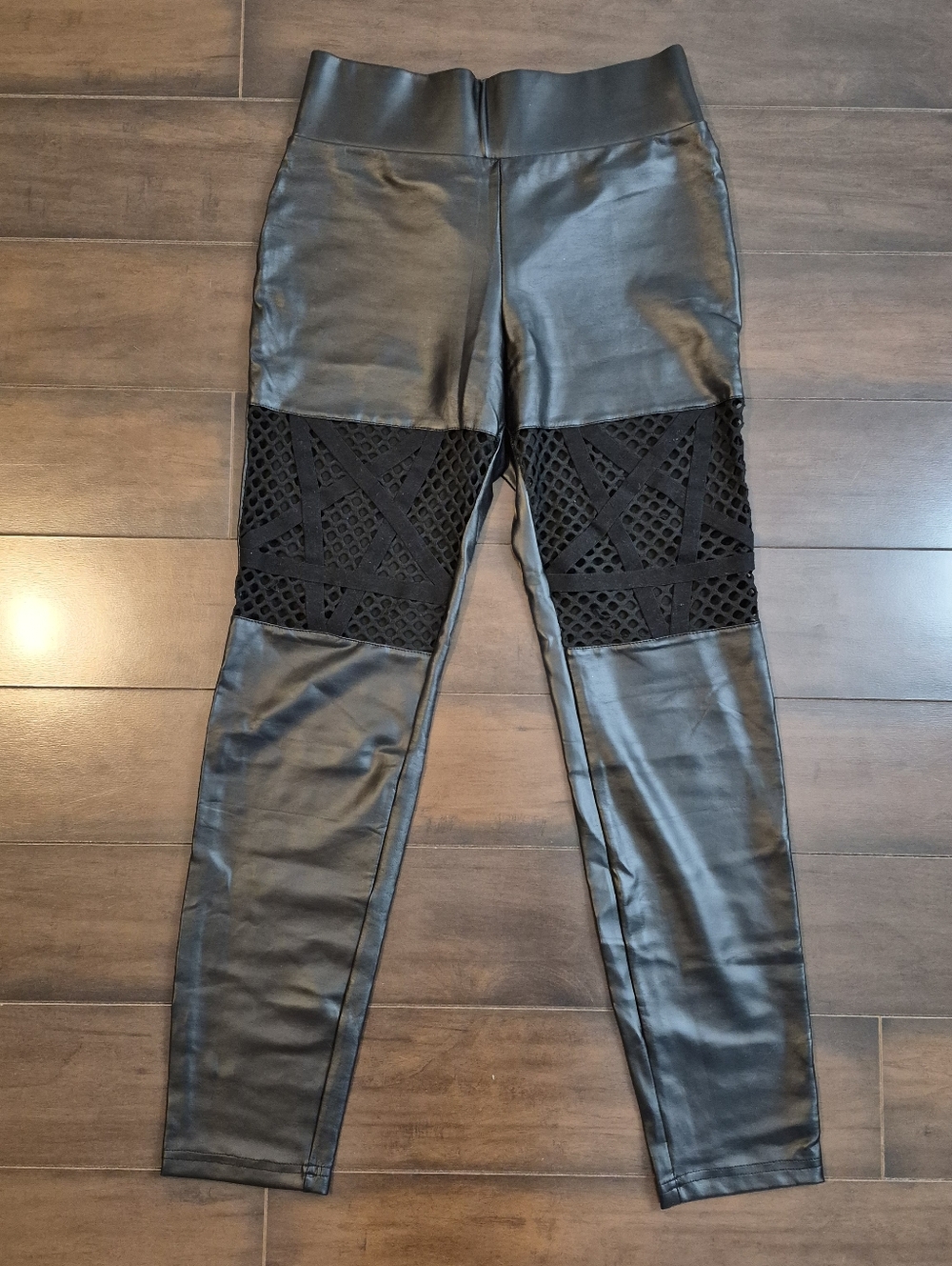 Killstar Witchnet Black Faux Leather Leggings With Fishnet Pentagrams Size S